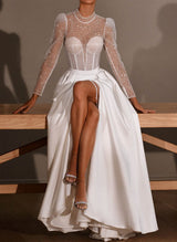 Sparkling High Neck Long Sleeves Sweep Train Satin Sequined Wedding Dresses Front Split-Dbrbridal