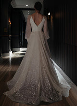 Sparkly Long Sleeves V-Neck Chic A-line Sweep Train Wedding Dress-Dbrbridal
