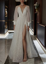 Sparkly Long Sleeves V-Neck Chic A-line Sweep Train Wedding Dress-Dbrbridal