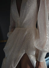 Sparkly Long Sleeves V-Neck Chic A-line Sweep Train Wedding Dress-Dbrbridal