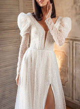 Sparkly Sequined Wedding Dress Long Sleeves Split Front-Dbrbridal