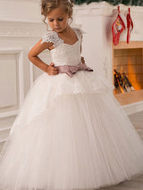 Square Neck Lace Short Sleeves Ankle Length Ball Gown Bows Kids Pageant flower girl dresses-Dbrbridal
