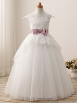 Square Neck Lace Short Sleeves Ankle Length Ball Gown Bows Kids Pageant flower girl dresses-Dbrbridal