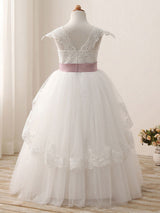 Square Neck Lace Short Sleeves Ankle Length Ball Gown Bows Kids Pageant flower girl dresses-Dbrbridal