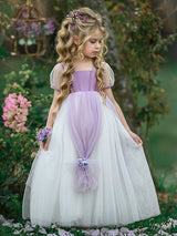 Square Neck Taffeta Short Sleeves Ankle Length Princess Flowers Kids Social Party Dresses-Dbrbridal