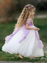 Square Neck Taffeta Short Sleeves Ankle Length Princess Flowers Kids Social Party Dresses-Dbrbridal