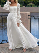 Square Neckline Chic A-line Wedding Dress Long Sleeves-Dbrbridal
