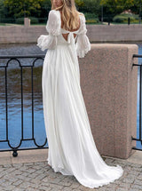 Square Neckline Chic A-line Wedding Dress Long Sleeves-Dbrbridal