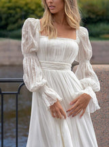 Square Neckline Chic A-line Wedding Dress Long Sleeves-Dbrbridal