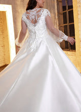 Square Neckline Chic A-line Wedding Dress Long Sleeves in Lace Satin-Dbrbridal