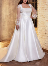 Square Neckline Chic A-line Wedding Dress Long Sleeves in Lace Satin-Dbrbridal