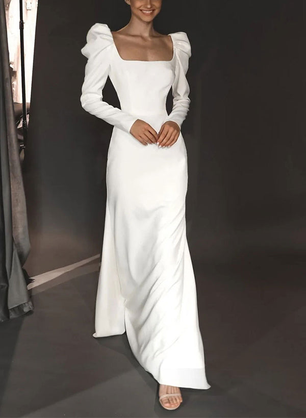 Square Neckline Long Sleeves Sheath Fitted Elastic Satin Wedding Dress Dbrbridal Square Neckline Long Sleeves Sheath Fitted Elastic Satin Wedding Dress Dbrbridal