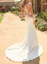 Square Neckline Long Sleeves Sweep Train Wedding Dresses Appliques Lace-Dbrbridal