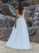 Square Neckline Sleeveless Chic A-line Tulle Wedding Dresses Appliques Lace-Dbrbridal