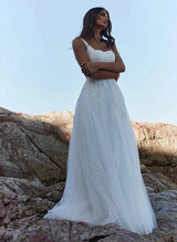 Square Neckline Sleeveless Chic A-line Tulle Wedding Dresses Appliques Lace-Dbrbridal