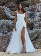 Square Neckline Sleeveless Chic A-line Tulle Wedding Dresses Appliques Lace-Dbrbridal