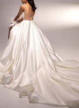 Square Neckline Sleeveless Satin Wedding Dresses Beaded-Dbrbridal