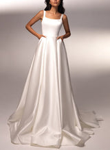 Square Neckline Sleeveless Satin Wedding Dresses Beaded-Dbrbridal