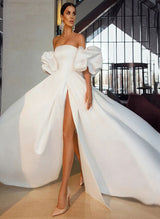 Strapless Ball-Gown Wedding Dress Short Sleeves Satin Court Train Split Front-Dbrbridal