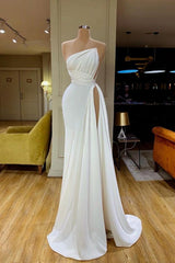 Strapless Creamy White Pleated Long Prom Dress High-split-Dbrbridal