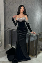 Strapless Crystal Sleeves Black Velvet Mermaid Prom Dress-Dbrbridal