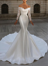 Strapless Long Sleeves Satin Wedding Dresses Lace Mermaid Fitted-Dbrbridal