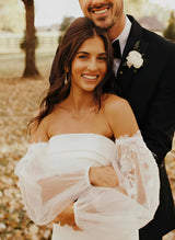 Strapless Long Sleeves Tulle Elastic Satin Wedding Dresses Appliques Lace-Dbrbridal