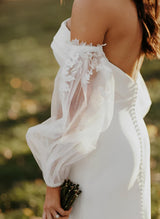 Strapless Long Sleeves Tulle Elastic Satin Wedding Dresses Appliques Lace-Dbrbridal