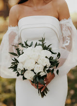 Strapless Long Sleeves Tulle Elastic Satin Wedding Dresses Appliques Lace-Dbrbridal