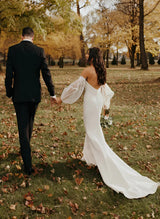 Strapless Long Sleeves Tulle Elastic Satin Wedding Dresses Appliques Lace-Dbrbridal