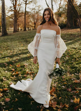 Strapless Long Sleeves Tulle Elastic Satin Wedding Dresses Appliques Lace-Dbrbridal