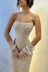 Strapless Mermaid Prom Dress with Long Sequins and Pearls-Dbrbridal