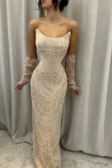 Strapless Mermaid Prom Dress with Long Sequins and Pearls-Dbrbridal