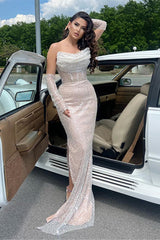 Strapless Mermaid Prom Dresses - White with Sequins and Pleats-Dbrbridal