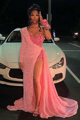 Strapless One Shoulder Sequins Chapel Train Front Side Prom Dress-Dbrbridal