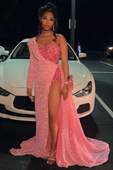 Strapless One Shoulder Sequins Chapel Train Front Side Prom Dress-Dbrbridal