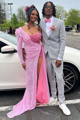 Strapless One Shoulder Sequins Chapel Train Front Side Prom Dress-Dbrbridal