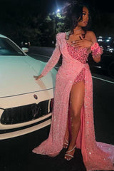 Strapless One Shoulder Sequins Chapel Train Front Side Prom Dress-Dbrbridal