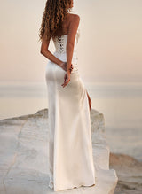 Strapless Satin Wedding Dresses Split Front Beading-Dbrbridal