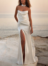 Strapless Satin Wedding Dresses Split Front Beading-Dbrbridal
