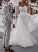 Strapless Sheath Fitted Wedding Dresses Long Sleeves in Lace Tulle-Dbrbridal
