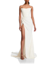 Strapless Sleeveless Mermaid Fitted Wedding Dress Sweep Train Elastic Satin Split Front-Dbrbridal