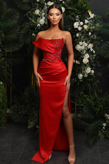 Strapless Sleeveless Mermaid Prom Dresses With Split Red Sequins Beads-Dbrbridal