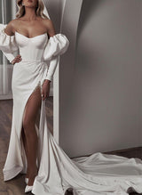 Strapless Trumpet Mermaid Fitted Wedding Dress Long Sleeves Elastic Satin Beading-Dbrbridal