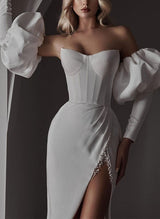 Strapless Trumpet Mermaid Fitted Wedding Dress Long Sleeves Elastic Satin Beading-Dbrbridal