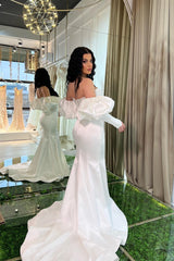 Strapless White Mermaid Prom Dress Lace-Up Back Detachable Sleeves-Dbrbridal