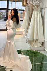 Strapless White Mermaid Prom Dress Lace-Up Back Detachable Sleeves-Dbrbridal
