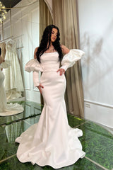Strapless White Mermaid Prom Dress Lace-Up Back Detachable Sleeves-Dbrbridal