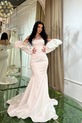Strapless White Mermaid Prom Dress Lace-Up Back Detachable Sleeves-Dbrbridal