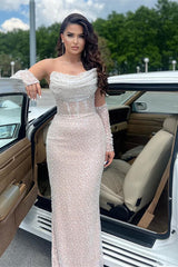 Strapless White Mermaid Prom Dresses With Sequins Pleats-Dbrbridal